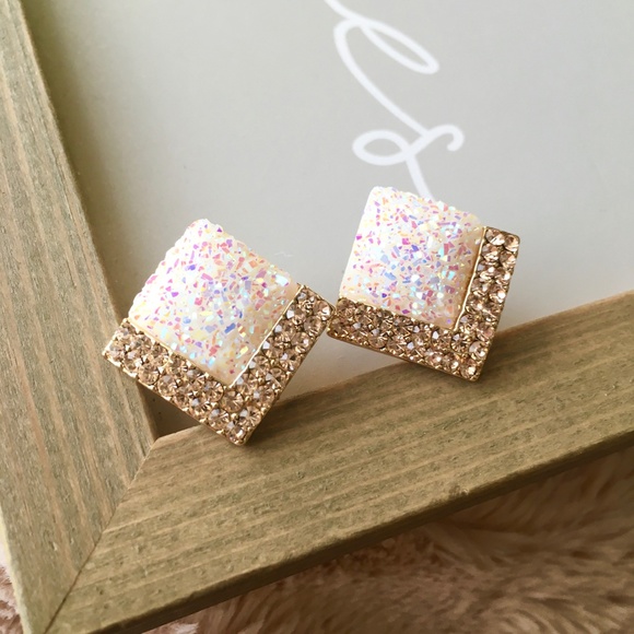 Party Chevron Square Crystal Stud Gold Earrings - Picture 3 of 7
